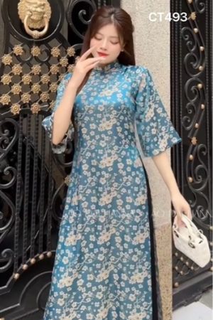 Áo dài tơ hoa mai xanh blue _form suông kiotviet 0cdb7eb0bcfbe24cae3e9ccb65b04864