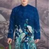 Áo dài nam xanh cặp chim công _gấm kiotviet 10c3833be74826bd53c27f18ee533708