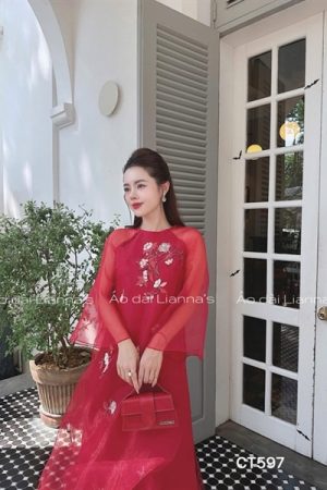 Áo dài cách tan đỏ hoa thiểu cổ tròn kiotviet 46078fcb85fc1f1c3fff4fa226222686