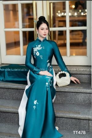 Áo dài xanh valentino theu va đính kết kiotviet 6645afa20c491ee7829fc1e255b0bf07