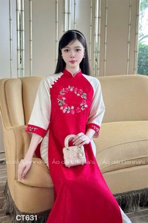 Áo dai đỏ thêu hoa vòng tròn kiotviet 715d83a1de0f26b93b7532db99c10779