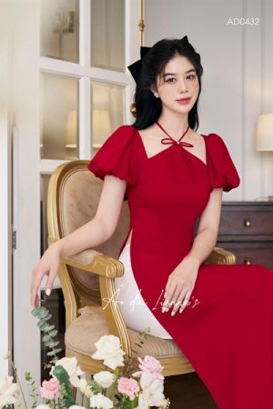 Áo dai thiet kế tay bồng cột dây quai cổ kiotviet 879dca271fadde8f1fba051b47c58981