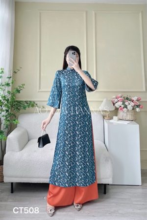 AD suông xanh duong đậm phối cam hoạ tiết lá kiotviet aacfe9e2b0e067185a2112a4742a8484